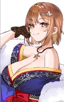 1girl atelier_(series) atelier_ryza black_gloves blue_kimono blush breasts brown_eyes brown_hair cleavage collarbone flower gloves hair_flower hair_ornament hairclip highres japanese_clothes jewelry kimono large_breasts necklace obi off-shoulder_kimono pendant reisalin_stout ryuuno6 sash short_hair smile star_(symbol) star_necklace star_pendant upper_body white_background