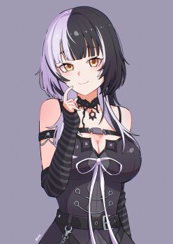Rule 34 | 1girl, absurdres, arm strap, belt, black arm warmers, black belt, black choker, black dress, black hair, breasts, chest belt, choker, closed mouth, commentary, dress, finger to cheek, grey background, grey hair, hand up, highres, hololive, hololive english, index finger raised, large breasts, long hair, looking at viewer, mikeemyk1, multicolored hair, shiori novella, shiori novella (1st costume), simple background, sleeveless, sleeveless dress, smile, solo, split-color hair, striped arm warmers, two-tone hair, upper body, virtual youtuber, yellow eyes
