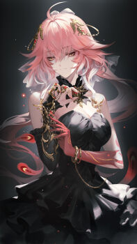 1girl absurdres ahoge alternate_costume bare_shoulders bracelet breasts changli_(wuthering_waves) cleavage closed_mouth colored_extremities commentary cowboy_shot detached_sleeves dress english_commentary feather_hair hair_between_eyes hair_ornament highres jewelry large_breasts long_hair multicolored_hair red_hands ruoruoqiu single_detached_sleeve smile solo strapless strapless_dress two-tone_hair very_long_hair wuthering_waves yellow_eyes