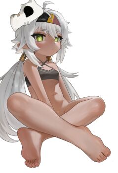 1girl bare_arms bare_shoulders barefoot black_hairband bottomless breasts closed_mouth criss-cross_halter dark-skinned_female dark_skin dokomon feet foot_focus full_body genshin_impact green_eyes grey_hair hair_between_eyes hairband halterneck highres iansan_(genshin_impact) loli long_hair looking_at_viewer low_twintails navel pointy_ears simple_background sitting skull_on_head small_breasts soles solo thick_eyebrows toenails toes twintails very_long_hair white_background
