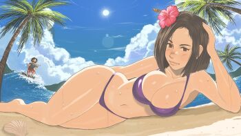 Rule 34 | 1boy, 1girl, aki ross, bikini, black hair, breasts, chzzei, cleavage, closed mouth, cloud, commentary, commission, english commentary, facial hair, feet out of frame, final fantasy, final fantasy the spirits within, flower, hair flower, hair ornament, highres, large breasts, lips, looking at viewer, mustache, navel, purple bikini, sakaguchi hironobu, second-party source, sun, sunglasses, swimsuit, wet