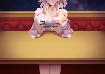 1girl alternate_breast_size_(larger) anger_vein areola_slip breasts breath cellphone clenched_teeth genkung grey_hair highres holding holding_phone honkai:_star_rail honkai_(series) large_breasts long_sleeves march_7th_(honkai:_star_rail) phone smartphone solo table teeth