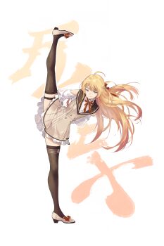 1girl absurdres ahoge blonde_hair bow brown_dress brown_eyes brown_sailor_collar brown_thighhighs buttons closed_mouth clothing_cutout commentary double-breasted double-parted_bangs dress english_commentary footwear_bow fortissimo full_body hair_between_eyes hair_ornament hair_ribbon hairclip highres hololive hololive_dev_is kyoko_(zeprii4) leg_up long_hair long_sleeves looking_at_viewer musical_note musical_note_hair_ornament neck_ribbon one_side_up otonose_kanade otonose_kanade_(1st_costume) plaid_clothes plaid_dress red_bow red_ribbon ribbon sailor_collar shirt shoes shoulder_cutout sidelocks simple_background smile solo split standing standing_on_one_leg standing_split text_background thighhighs translation_request virtual_youtuber white_shirt white_shoes