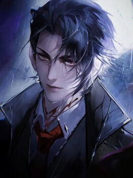 1boy absurdres bishounen black_coat black_hair body_markings chinese_commentary coat collar_pin collared_shirt commentary dress_shirt forehead formal_clothes highres jacket looking_at_viewer male_focus necktie path_to_nowhere qingci rain red_eyes red_necktie rust_(path_to_nowhere) shirt short_hair solo suit suit_jacket upper_body water wet wet_hair