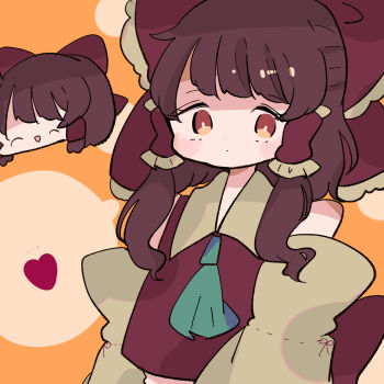 Rule 34 | 1girl, back bow, blue neckerchief, blush stickers, bow, brown hair, closed mouth, detached sleeves, hair ribbon, hakurei reimu, happy, heart, highres, neckerchief, open mouth, red bow, red eyes, red shirt, ribbon, salt shol, shirt, simple background, yukkuri shiteitte ne