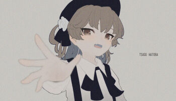 1girl bad_id bad_pixiv_id black_hat black_ribbon brown_eyes character_name collared_shirt commentary_request fang flower grey_background grey_hair hat hat_flower hatoba_tsugu long_sleeves looking_at_viewer mole mole_under_eye neck_ribbon noinoi_no1 noise open_mouth reaching reaching_towards_viewer ribbon shirt simple_background skin_fang solo suspenders tsugu_(vtuber) upper_body virtual_youtuber white_flower white_shirt