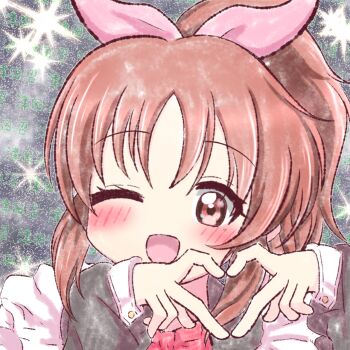 1girl ;d abe_nana apron blush bow bowtie commentary_request four-finger_heart_hands heart heart_hands highres idolmaster idolmaster_cinderella_girls kaiser_0223 long_hair long_sleeves looking_at_viewer one_eye_closed open_mouth ponytail red_bow red_bowtie smile solo text_background upper_body white_apron