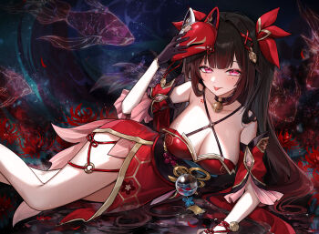 Rule 34 | 1girl, :p, absurdres, alternate breast size (larger), arm support, bare shoulders, bell, black choker, black gloves, breasts, brown hair, chest tattoo, choker, cleavage, closed mouth, collarbone, criss-cross halter, detached sleeves, dress, facial mark, feet out of frame, fish, flower tattoo, fox mask, gloves, halterneck, hibiwa, highres, holding, holding mask, honkai: star rail, honkai (series), jingle bell, large breasts, long hair, looking at viewer, low neckline, lying, mask, neck bell, o-ring, on side, on water, orb, red dress, red eyes, red sleeves, single glove, sleeveless, sleeveless dress, smile, solo, sparkle (honkai: star rail), tattoo, thighs, tongue, tongue out, twintails, very long hair, wet