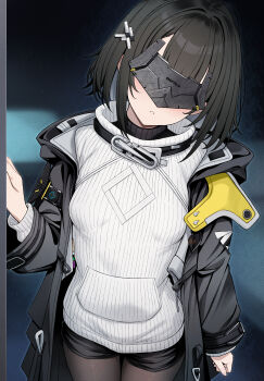 1girl absurdres arknights arknights:_endfield black_hair black_jacket black_pantyhose black_shorts blindfold_mask blush breasts commentary_request doorway endministrator_(arknights) facing_viewer female_endministrator_(arknights) grey_sweater hair_ornament head_tilt highres indoors jacket long_sleeves mask medium_breasts medium_hair myuu_(arisumeria) pantyhose parted_lips pov_doorway short_shorts shorts solo sweater textless_version