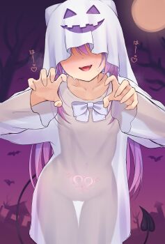 1girl absurdres bat_(animal) blush bow bowtie breasts claw_pose collarbone commentary covered_eyes covered_navel covered_pussy cowboy_shot demon_tail english_commentary fangs full-face_blush full_moon ghost_costume halloween halloween_costume hands_up heart heart_tattoo highres hololive jack-o&#039;-lantern_cutout leaning_forward long_hair moon multicolored_hair omiyatei open_mouth pink_hair pubic_tattoo purple_hair purple_sky saliva see-through_clothes sidelocks sky small_breasts smile solo spoken_heart sweat tail tattoo teeth thigh_gap tokoyami_towa translation_request two-tone_hair upper_teeth_only virtual_youtuber white_bow white_bowtie