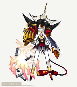 1girl alternate_color antennae bad_id bad_pixiv_id battery black_hair bullet cable female_focus fire gun ichi_(ichikai) multicolored_eyes orange_eyes original player_2 plug robot simple_background solo usb weapon yellow_eyes zipper