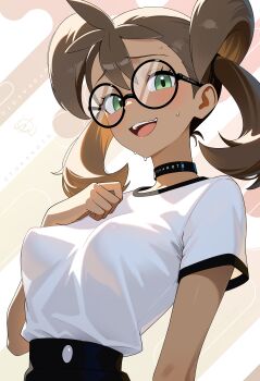 1girl absurdres artist_name black_choker black_skirt blush breasts brown_hair choker commentary covered_erect_nipples dark-skinned_female dark_skin glasses green_eyes hair_between_eyes high-waist_skirt highres long_hair looking_at_viewer medium_breasts nintendo open_mouth otokakoto pokemon pokemon_xy quad_tails round_eyewear shauna_(pokemon) shirt shirt_tucked_in short_sleeves skirt smile solo sweat sweatdrop white_shirt