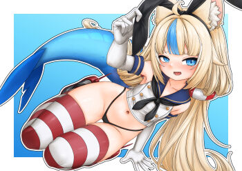 1girl ahoge animal_ears black_panties blonde_streaks blue_background blue_eyes blue_streaks blush border cat_ears cosplay elbow_gloves fang fins fish_tail flat_chest gloves highleg highleg_panties highres indie_virtual_youtuber kantai_collection loli long_hair looking_at_viewer midriff multicolored_hair navel no_pants open_mouth outside_border panties sameko_saba shark_tail shimakaze_(kancolle) shimakaze_(kancolle)_(cosplay) shirt simple_background solo streaked_hair striped_clothes striped_thighhighs superfann tail thighhighs underwear very_long_hair virtual_youtuber white_border white_gloves white_shirt