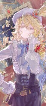 1boy absurdres androgynous belt beret black_belt black_corset blonde_hair blue_bow blue_bowtie blue_eyes bow bowtie cloudtuan colored_eyelashes corset drill_hair drill_ponytail edgar_valden edgar_valden_(golden_ratio) floating_hair frilled_shirt frilled_sleeves frills frown gem hair_between_eyes hand_in_own_hair hand_on_own_hip hat hat_feather head_tilt highres identity_v looking_at_viewer male_focus multiple_belts official_alternate_costume puffy_shorts puffy_sleeves red_gemstone shirt shorts solo straight-on striped_clothes striped_shorts trap upper_body white_hat white_shirt