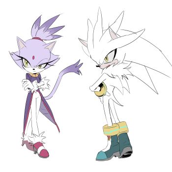 1boy 1girl absurdres blaze_the_cat crossed_arms digu718910 full_body furry furry_female furry_male high_heels highres silver_the_hedgehog simple_background sonic_(series) yellow_eyes