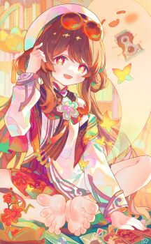 1girl :d barefoot beret blush boo_tao_(genshin_impact) brown_eyes brown_hair brown_scarf chinese_clothes commentary eyewear_on_head feet floral_print floral_print_skirt flower-shaped_pupils full_body genshin_impact hair_rings hand_up hat highres hu_tao_(cherries_snow-laden)_(genshin_impact) hu_tao_(genshin_impact) knees_apart_feet_together long_hair long_sleeves looking_at_viewer miniskirt official_alternate_costume official_alternate_hairstyle open_mouth pleated_skirt print_skirt red-tinted_eyewear red_skirt round_eyewear scarf sidelocks sitting skirt smile soles solo sunglasses symbol-shaped_pupils tareme tinted_eyewear toes very_long_hair warm_colored white_hat xianyuzi