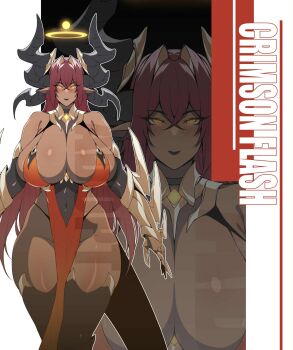 1girl black_horns black_thighhighs breasts cero_rains character_name dark-skinned_female dark_skin dragon_girl dress female_focus glowing glowing_eyes halo highres horns huge_breasts loincloth monster_girl orange_dress pointy_ears red_hair solo standing tail thick_thighs thighhighs thighs wide_hips yellow_eyes