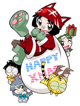 animal_ears animal_hat aqua_bow bandaid bandaid_on_face bandaid_on_nose black_outline black_tail bloomers blunt_bangs blunt_ends blush_stickers boots bow box brown_eyes brown_pantyhose cat_ears cat_hat character_request christmas closed_eyes closed_mouth colored_sclera cub double-parted_bangs double_bun fake_animal_ears fake_antlers fang full_body gift gift_box green_eyes green_footwear green_hair green_mittens green_sclera grey_eyes grey_hair hair_between_eyes hair_bun hat holding holding_footwear holding_gift holding_sack holding_shoes holding_unworn_clothes horizontal-striped_clothes horizontal-striped_sleeves jacket looking_at_viewer merry_christmas mittens mukku_(mook-tv) official_art one_eye_closed open_mouth orange_bow outline pantyhose parted_lips paw_shoes pocket red_bloomers red_hat red_jacket red_sleeves ribbon_kotora rimless_eyewear rubber_boots sack second-party_source shoes short_hair simple_background sleeve_cuffs smile sneakers straight_hair striped_clothes striped_fur striped_hat striped_sleeves striped_tail tail tiger tongue tora_da_yo. torami_(toranoana) toranoana underwear unworn_footwear unworn_shoes very_short_hair white_background white_bag white_footwear yellow_fur yellow_tail