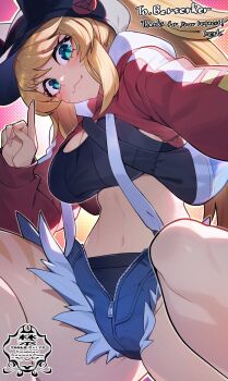 1girl :3 aqua_eyes bilingual_commentary black_hat black_sports_bra blonde_hair blue_shorts breasts cleavage closed_mouth commentary commission cowboy_shot english_commentary facial_mark fingernails hand_up hat highres index_finger_raised large_breasts long_sleeves looking_at_viewer matsumoto_tomoyohi micro_shorts mixed-language_commentary open_fly original red_shrug shorts shrug_(clothing) skeb_commission smile solo sports_bra stomach swept_bangs whisker_markings zipper zipper_pull_tab zipper_shorts