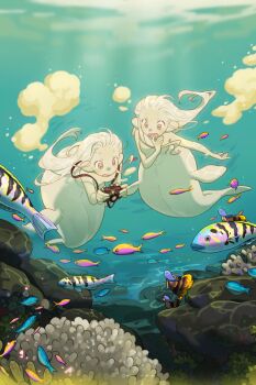 2girls air_bubble breasts brown_eyes bubble camera camera_around_neck carol_cao commentary coral_reef fins fish head_fins highres holding holding_camera long_hair mermaid monster_girl multiple_girls no_nipples open_mouth original school_of_fish small_breasts symbol-only_commentary tropical_fish underwater white_hair