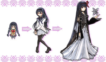 10s 1girl akemi_homura akemi_homura_(magical_girl) black_hair boots braid dress evolution glasses gown long_hair mahou_shoujo_madoka_magica mahou_shoujo_madoka_magica_(anime) pantyhose red-framed_eyewear thigh_boots thighhighs twin_braids twintails uniform uniwhale yuriwhale