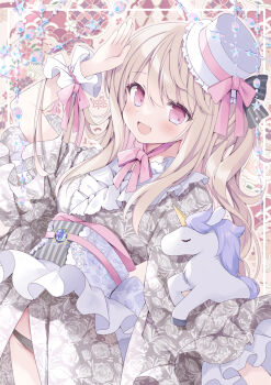 Rule 34 | 1girl, :d, arm up, black bow, black panties, blonde hair, blue hat, blush, bow, bowtie, commentary request, cowboy shot, dot nose, floral print, frilled headwear, frilled sleeves, frills, grey kimono, grey sash, hair between eyes, hat, hat bow, highres, hoshino koucha, japanese clothes, kimono, long hair, long sleeves, looking at viewer, obi, open mouth, original, panties, pink bow, pink bowtie, pink eyes, print kimono, rose print, sash, smile, solo, striped bow, underwear, unicorn, vertical-striped sash, wide sleeves, wrist cuffs