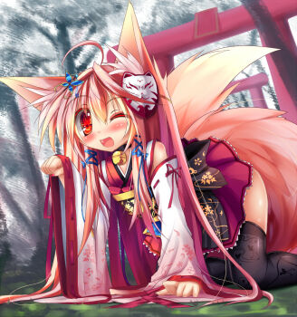 1girl all_fours animal_ears bell blush colored_eyelashes detached_sleeves female_focus fox_ears fox_tail highres jingle_bell long_hair looking_at_viewer mask nagai_wataru one_eye_closed open_mouth original outdoors paw_pose red_eyes ribbon skirt smile solo tail thighhighs torii wink