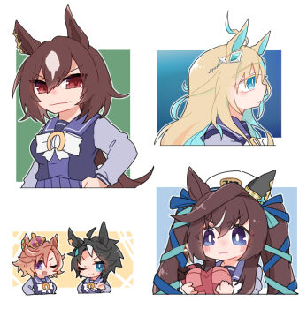 Rule 34 | 5girls, ;), ;d, ahoge, animal ears, beer hsk, beret, black hair, blonde hair, blue eyes, blue hair, blue ribbon, bow, breasts, brown hair, chibi, closed mouth, commentary request, crown, fuji kiseki (umamusume), hair between eyes, hair ribbon, hand on own hip, hat, horse ears, horse girl, horse tail, long hair, long sleeves, medium breasts, mini crown, multicolored hair, multiple girls, neo universe (umamusume), one eye closed, open mouth, pleated skirt, puffy long sleeves, puffy sleeves, purple eyes, purple shirt, purple skirt, red eyes, ribbon, school uniform, shirt, sirius symboli (umamusume), skirt, smile, t.m. opera o (umamusume), tail, tracen school uniform, twintails, two-tone hair, umamusume, v-shaped eyebrows, very long hair, vivlos (umamusume), white bow, white hat