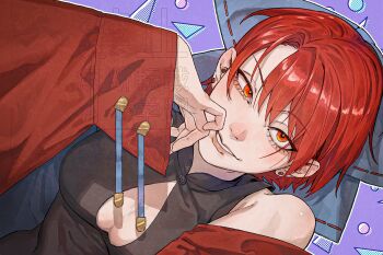 Rule 34 | 1girl, adapted costume, bare shoulders, black shirt, blue bow, bow, breasts, capelet, cleavage cutout, clothing cutout, commentary, ear piercing, hand up, heshiko disco, highres, looking at viewer, medium breasts, parted lips, piercing, red capelet, red eyes, red hair, sekibanki, shirt, short hair, sleeveless, sleeveless shirt, smile, solo, touhou, upper body, watermark