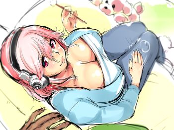 1girl aged_up blush breasts cleavage from_above headphones large_breasts long_hair looking_at_another looking_at_viewer looking_up mimikaki minamoto_(mutton) nitroplus pink_eyes pink_hair poodle sitting sketch smile solo_focus super_sonico