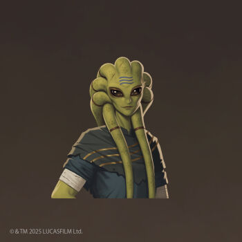 Rule 34 | 1girl, 5health, alien, brown background, brown eyes, colored skin, copyright name, green skin, highres, kor plouth, long hair, looking at viewer, nautolan, solo, star wars, star wars: the high republic, tentacle hair, upper body