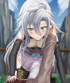 1boy 1girl bare_shoulders blue_sky blush boots breasts cliff cloud commentary_request curtained_hair detached_sleeves eiyuu_densetsu embarrassed fie_claussell grabbing_another's_shoulder grass green_eyes hair_between_eyes hand_on_another's_shoulder highres kai_no_kiseki kneeling kuro_no_kiseki_(series) long_hair long_sleeves lying on_back on_grass outdoors parted_bangs parted_lips pov ravine rean_schwarzer sky small_breasts thigh_boots white_hair witch_f