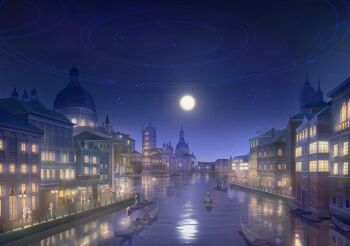 6+girls blue_archive canoe cityscape european_architecture highres holding holding_oar moon multiple_girls night night_sky non-web_source oar official_art reflection river scenery sky