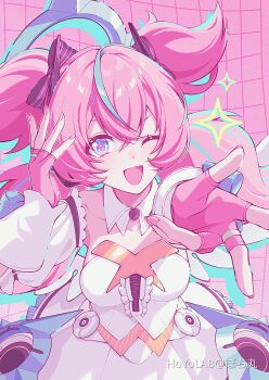 1girl aqua_hair aqua_streaks aria_(zenless_zone_zero) blue_eyes breasts center_frills collarbone commentary crossed_bangs detached_collar detached_sleeves dress fingerless_gloves frilled_sleeves frills gloves hair_between_eyes highres medium_breasts multicolored_hair one_eye_closed open_mouth pink_background pink_gloves pink_hair pochimaru_(marumaru_wanwan) solo sparkle streaked_hair upper_body white_dress zenless_zone_zero