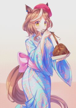 1girl absurdres animal_ears blue_kimono blush bow box breasts brown_hair camellia_(camel_mal) chopsticks ears_through_headwear food food_in_mouth hair_ornament hairclip hat highres holding holding_chopsticks holding_tray horse_ears horse_girl horse_tail japanese_clothes kimono long_sleeves looking_at_viewer matikanetannhauser_(umamusume) medium_hair multicolored_hair noodles pink_bow pink_sash sash solo streaked_hair tail tray umamusume wide_sleeves yellow_eyes