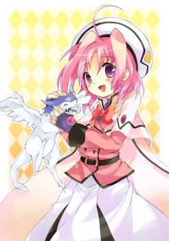 Rule 34 | 00s, 1girl, ahoge, argyle background, argyle clothes, bow, bowtie, cape, caro ru lushe, coat, dragon, fingerless gloves, friedrich (nanoha), gloves, hat, kerykeion (nanoha), lyrical nanoha, magical girl, mahou shoujo lyrical nanoha, mahou shoujo lyrical nanoha strikers, open mouth, pink bow, pink hair, purple eyes, short hair, smile, tachitsu teto, tareme