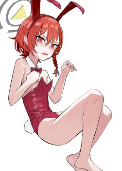 1girl animal_ear_hairband animal_ears asymmetrical_hair barefoot black_halo blue_archive bow bowtie commentary_request detached_collar fake_animal_ears hairband halo highres leotard looking_at_viewer mole mole_under_each_eye mole_under_eye multiple_moles neru_(blue_archive) neru_(bunny)_(blue_archive) official_alternate_costume orange_eyes orange_hair oversized_breast_cup playboy_bunny rabbit_ears rabbit_tail red_bow red_bowtie red_eyes red_leotard short_hair simple_background solo solokitsune strapless strapless_leotard tail white_background