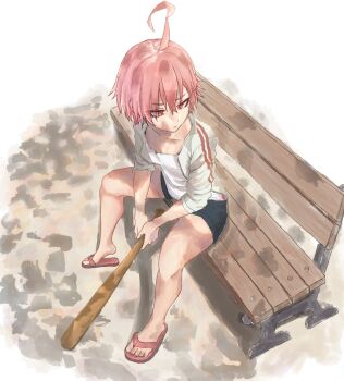 Rule 34 | 1girl, ahoge, alternate costume, baseball bat, bench, blue archive, breasts, from above, hanpen 845, holding, holding baseball bat, huge ahoge, mole under each eye, mole under eye, multiple moles, neru (blue archive), orange hair, red eyes, red sandals, sandals, shirt, short hair, short shorts, shorts, sitting, small breasts, solo, white background, white shirt