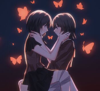 2girls aisen_(aisen10086) amakura_mayu amakura_mio backlighting bandaged_leg bandages black_eyes black_hair black_shirt black_skirt blue_background bob_cut brown_camisole brown_shirt bug butterfly camisole camisole_over_clothes closed_mouth commentary dark_background eye_contact face-to-face fatal_frame fatal_frame_ii:_crimson_butterfly feet_out_of_frame frilled_sleeves frills from_side gradient_background hair_between_eyes hands_on_another's_neck hands_up insect light_smile looking_at_another miniskirt multiple_girls profile red_background red_butterfly shirt short_hair short_sleeves siblings sisters sitting sitting_on_lap sitting_on_person skirt three-quarter_sleeves twins two-tone_background untranslatable_commentary white_skirt