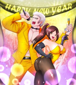 1boy 1girl absurdres ass belt black_gloves black_pantyhose breasts brown_hair champagne_flute cleavage cup drinking_glass earrings elbow_gloves fatal_fury formal_clothes gloves hand_on_own_hip happy_new_year highleg highleg_leotard highres holding holding_cup huge_ass jewelry large_breasts leotard long_hair looking_at_viewer nanakase_yashiro new_year open_mouth pantyhose ponytail shiranui_mai smile standing strapless strapless_leotard suit the_king_of_fighters thong thong_leotard white_hair yellow_leotard yellow_suit