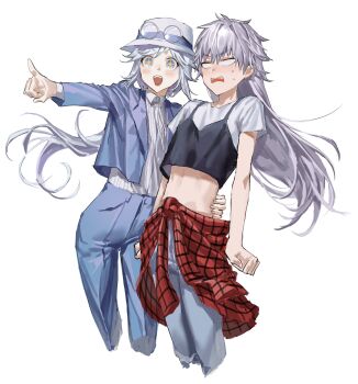 Rule 34 | 2boys, absurdres, blank eyes, blue jacket, blue pants, bolo tie, chamuring, clenched hands, clothes around waist, commentary request, cropped legs, cropped shirt, crossdressing, crossdressing (mtf), eyewear on headwear, grey hair, hair between eyes, hat, highres, iwakiyamayukisatoshironanogojuurokushi akira, jacket, kemono jihen, korean commentary, long hair, long sleeves, male focus, midriff, multiple boys, open mouth, pants, round eyewear, shirt, shirt around waist, simple background, sparkling eyes, tademaru shiki, trap, very long hair, white background, white hat, white shirt