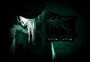 1girl black_gloves broken_glass dialogue_box dim_lighting english_text facing_viewer fur-trimmed_jacket fur_trim glass gloves hat head_down highres jacket night no_i&#039;m_not_a_human original parody reverse_grip user_interface white_hair whyratention