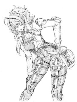 1girl ahoge antenna_hair bent_over breasts graphite_(medium) greyscale hair_intakes hand_on_own_hip hand_on_own_knee jacket large_breasts long_sleeves looking_at_viewer monochrome police police_uniform ponytail rakusakugk short_hair solo traditional_media upper_body zenless_zone_zero zhu_yuan