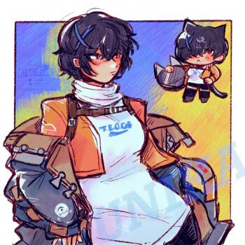 Rule 34 | 1girl, character name, chibi, commentary, english commentary, guilty gear, guilty gear strive, hair ornament, highres, jacket, orange jacket, red eyes, shirt, short hair, solo, spicapudica, tail, unika (guilty gear), white shirt, x hair ornament