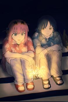 2girls black_shoes blue_eyes blue_hair blue_shirt bocchi_the_rock! closed_mouth cube_hair_ornament dot_nose eyewear_on_head fireworks gotoh_hitori hair_between_eyes hair_ornament hairclip hawaiian_shirt highres hugging_own_legs layered_sleeves long_hair looking_at_another mole mole_under_eye multiple_girls one_side_up open_mouth pants pink_hair red_shirt red_shoes sandals senkou_hanabi shirt shoes short_hair short_sleeves sitting sitting_on_stairs slides smile sparkler spotlight stairs star-shaped_eyewear star_(symbol) sunglasses taki_ritzk0u undershirt white_pants white_shirt yamada_ryo yellow_eyes