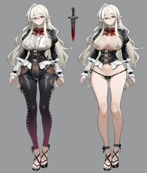 1girl arms_at_sides belt black-framed_eyewear black_belt black_corset black_jacket black_panties black_pants bow bowtie breasts closed_mouth commentary commission convenient_hair corset dagger earrings feet frilled_shirt frills full_body gem glasses grey_background highres jacket jewelry juliet_sleeves knife large_breasts leather leather_pants light_smile long_sleeves looking_at_viewer multiple_views no_pants original over-rim_eyewear panties pants pointy_ears puffy_sleeves red_bow red_bowtie red_eyes red_gem sandals semi-rimless_eyewear shirt side-tie_panties simple_background skeb_commission standing teddypocky toes underwear weapon white_hair white_shirt