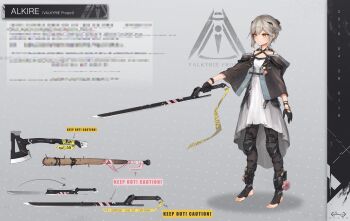 1girl alkire_(asicah) artist_logo artist_name asicah axe barefoot baseball_bat black_gloves blur_censor bracelet breasts brown_pantyhose capelet caution_tape censored character_name closed_mouth dress english_text expressionless flower full_body gloves grey_hair hair_ornament highres holding holding_sword holding_weapon jewelry knee_pads logo nail_(hardware) nail_bat original outstretched_arm pantyhose pink_flower pink_rose reference_sheet rose shin_guards short_hair sidelocks sleeveless sleeveless_dress small_breasts solo stirrup_legwear sword toeless_legwear toes weapon white_dress yellow_eyes