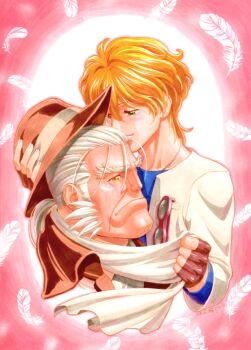 00s 2boys bad_id bad_pixiv_id blonde_hair blush buuo_(mido) daisuke_aurora fingerless_gloves gloves green_eyes hat heat_guy_j j_(heat_guy_j) jewelry long_hair male_focus multiple_boys necklace necklace ponytail sakura_denbu scarf short_hair sideburns smile white_hair yaoi yellow_eyes