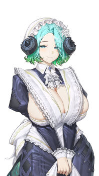 Rule 34 | 1girl, absurdres, aqua hair, blue eyes, breasts, cleavage, cleavage cutout, closed mouth, clothing cutout, collared shirt, colored tips, commentary, english commentary, green hair, hat, highres, horns, juliet sleeves, large breasts, long sleeves, mob cap, multicolored hair, original, puffy sleeves, shirt, short hair, simple background, smile, solo, tail, veksoo, white background, wrist cuffs