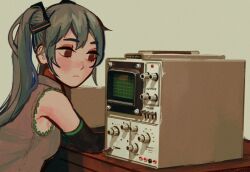 Rule 34 | 1girl, aqua hair, commentary, desk, detached sleeves, english commentary, expressionless, hatsune miku, io (onisarashi), knob, long hair, muted color, oscilloscope, red eyes, shirt, sitting, sleeveless, sleeveless shirt, solo, twintails, upper body, very long hair, vocaloid